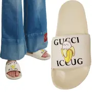 GUCCI SHOES WHITE LEATHER SLIDES BANANYA SIGNATURE LOGO SANDALS sz IT 39 US 9