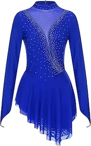 [Manyakai] Women Figure Ice Skating Dress Dance Competition Costume Sheer Mesh Patchwork Long Sleeve Dress