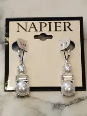 Napier Silver-Tone Earrings With Faux Pearl & Rhinestone Accents Lever Back