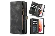 CaseMe For Samsung Galaxy S21 Zipper & Detachable Retro Leather Pouch Wallet Flip Purse Bag Detachable Phone Case Cover (Black)