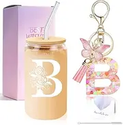 DAMCONME Birthday Gifts for Women,Personalized Birthday Initial Gift Set – Initial Glass Cup with Lid and Straw, Letter Keychain – Funny Gifts Ideas for Her Friends Sister Mother – B