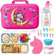 Unicorn Lunch Box for Girls with Lunch Bag Bento Box Set - Insulated Lunch Bag with 4 Compartment Bento Box Water Bottle Ice Pack Silicon Cap Salad Container for Kids Back to School Ideal for Age 6-15