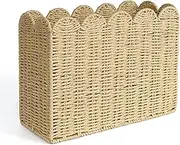 AELS Woven Natural Fibre Magazine Holder, Scalloped Edge Floor Magazine Rack, Hand-woven Organizer, Boho Modern Farmhouse Book Basket, File Newspaper Mail Holder for Office