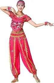 [Grouptap] Bollywood bharatanatyam 3-pc Folk Indian Short-Sleeve Fancy Dance Dress Outfits Costume (top, Pants, Waist Scarf) (Pink, M), Pink, M