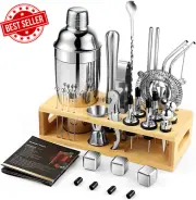 35-Piece Bartender Kit, Stainless Steel Cocktail Shaker Set with Bamboo Stand