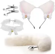 Costume Accessory Set Therian Adults Plush Cat Ears Headband Choker Nipple Clips Anal Butt Plug Fur Tail Adult Toy Women Adult Sex Play for Sex Pleasure (A412)