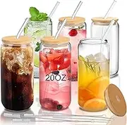 DAMCONME 20 Oz Drinking Glasses with Bamboo Lids and Glass Straws 6Pack,Glass Cups with Lids for Iced Coffee,Smoothie,Cocktail,Beer,Whiskey,Soda,Matcha-6 Straw 6 Brush