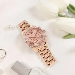 【Michael Kors】三眼計時 珍珠母貝 羅馬刻度 日期 防水100米 不鏽鋼手錶 粉x鍍玫瑰金 38mm(MK7242)