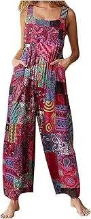 [KiRYu] Jumpsuit for Women UK Casual Ladies Dungarees Baggy Sleeveless Wide Leg Jumpsuit with Pockets Buttons Suspender Jumpsuits Ethnic Style Floral Playsuit Loose Fit Adjustable Straps Romper Bibs Overalls