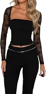 [Pivanzore] Women Y2k Going Out Tops Long Sleeve Crop Top Sexy Lace Mesh Sheer T Shirts Blouse 2024 Women Clothing Streetwear