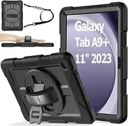 Case for Samsung Galaxy Tab A9+ Plus 2023 (SM-X210/X216/X218) 11 Inch with [Swivel Stand][Shoulder/Hand Strap], Protective Cover for Samsung Tab A9 Plus 11” with Lanyard, Black