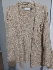 NWT-ALFRED DUNNER WOMENS TAN MARLED OPEN FRONT CARDIGAN SWEATER W/FRINGE L