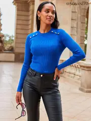Sosandar Blue Crew Neck Rib Stud Detail Jumper (307598) | $113
