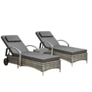 Livsip 2x Wheeled Sun Lounger & Table Outdoor Set Grey