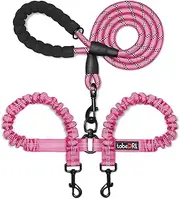 tobeDRI Comfortable Dual Dog Leash Tangle Free with Shock Absorbing Bungee Reflective 2 Dog Leashes for Large Medium Small Dogs (Black for 25-100 lbs) (Pink 0-25 lbs)