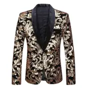 Men Fashion Velvet Sequins Floral Pattern Suit Jacket Blazer Black L