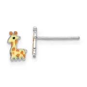 Sterling Silver Rhodium-Plated Polished & Yellow, Orange Black Enameled Giraffe Children'S Post Earrings