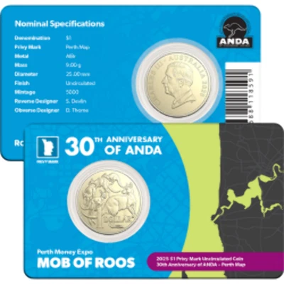 2025 $1 Mob of Roos with Perth Map Privy Mark Perth Money Expo ANDA Special