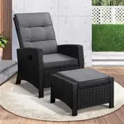Livsip Outdoor Recliner Chairs Ottoman Set Wicker lounge Patio Furniture Black