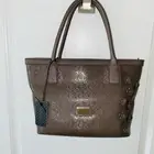 GUESS Newbel Signature Satchel Tote Bag Handbag Taupe 3D Flowers Detail NWT