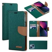 Goospery Canvas Apple iPhone 13 Wallet Leather Case Denim Stand Flip Fabric Pouch Credit Card Slots Cover - Green