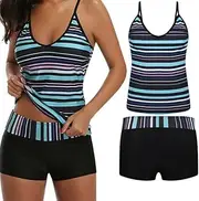 [Smilegirl] Women’s Two Piece Swimwear Gradient Color Tankini Set Top with Shorts Low Waist Sporty Swimsuit Bikini