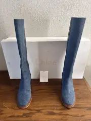 $1450 Chloe Edith Bicolor Denim Knee Boots Size 37 New