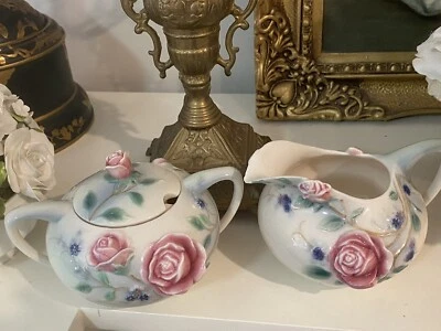 Franz English Garden Rose Retired Pink Rose Lidded Sugar Bowl & Creamer