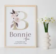 Kids Nursery Initial Name Personalised Print Gold Foil Boho Flower Birth Detail