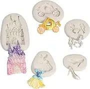 5Pcs/Set Cinderella Fondant Mold Fairy Tales Castle Pumpkin Carriage Princess Dress Crystal Shoes Silicone Chocolate Candy Mold Gum Paste Sugar Craft Cake Cupcake Decorating Tool Resin Clay Mould