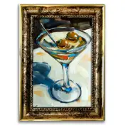 Original Oil Painting Dirty Martini with Olives Bar Art Cocktail Gold Framed