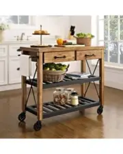 RECYCLED MANGO HARDWOOD IRON 4 SHELVES BUTLER'S TROLLEY ON WHEELS KITCHEN TABLE
