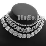Hip Hop Iced Silver PT 18" Cuban & 1 Row Tennis Choker Chain Bust Down Necklace