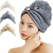 Yatinkim Microfiber Hair Towel Wrap for Women Rapid Drying Turban Head Towels with Button Wet Hair Anti Frizz Bath Cap Long Thick Curly Grey