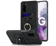 Full Protection Cover for Samsung Galaxy S20, 2 Cards PU Leather Case with Ring Holder - Black
