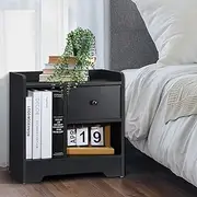 Oikiture Bedside Table with Drawer and Storage Space Side Table Nightstand Home Bedroom Furniture Black