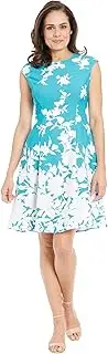 [London Times] Womens Perfect Versatile Scuba Crepe Fit & Flare Dress Event Guest of Occasion Office Career, Turq/Ivory, 10 AU