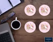 HELLO KITTY PINK CUPCAKES & BEARS CUSTOM HARDBOARD HOUSE COASTER SET OF 4
