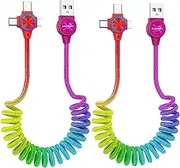 Coiled USB-C to Lightning Charging Cable, 3 in 1 Rainbow Color Multi Charger Cable for Car, 2 Pack Spring USB Cable for Smart Phone/Pad/Laptop