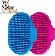 Dog Bath Brush, Pet Bath Comb Brush Soothing Massage Rubber Comb 2pcs with Adjustable Ring Handle for Long Short Haired Dogs and Cats (blue+rose)