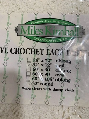 NEW Miles Kimball Vinyl Crochet Lace Tablecloth 54" x 72" Oval White