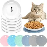 Thenshop 6 Pcs Whisker Fatigue Cat Bowls with 6 Pcs Silicone Anti Slip Mats, 6 Inch Ceramic Cat Plates Wet Food and Water Bowls, Wide Shallow Food Dishes for Feeding Kittens Small Pets(Fishbone)