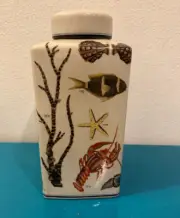NEW Homart Fish Coastal Hand Painted Ceramic Vase Canister Mid Century Art Decor