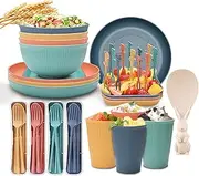 Wheat Straw Dinnerware Sets, Utensil Set, Unbreakable Dinnerware for Kids, Dinner Plates, Dessert Plate, Cereal Bowls, Cups, Wheat Straw Cutlery,Fruit Fork(48Pcs)
