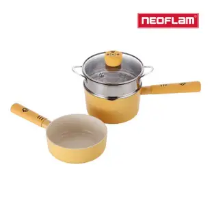 【NEOFLAM】小虎系列鑄造鍋具四件組(單柄湯鍋+蒸籠+小炒鍋+玻璃蓋16公分)