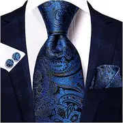 [VSOLS] Men's Blue Black Striped Tie 3.4" Tie Pocket Square Cufflinks Wedding Party Silk Tie Set (Color : SN-3378, Size : 59.06 * 3.35in)