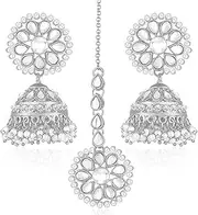 [Aheli] Silver Plated Kundan & Beads Studded Maangtikka & Jhumki Earrings Set Ethnic Jewellery for Women, One Size, Metal, No Gemstone