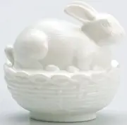 Bunny Rabbit on Basket Dish - Milk Glass - Springtime / Easter - Mosser USA