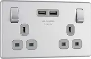 BG Electrical Screwless Flat Plate Double Switched Power Socket with Two USB Charging Ports