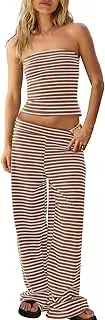 [Panadila] Womens Striped Two Piece Sets Summer Lounge Outfits Sailor Tube Top and Pants Matching Set Beach Vacation Travel Y2k